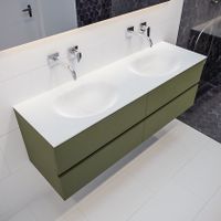 Mondiaz Vica Moon badmeubel groen mat 150 cm 4 lades solid surface dubbele spoelbak zonder kraangat