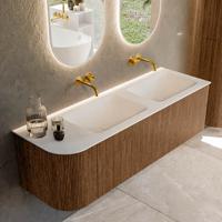 Mondiaz KURVE 145 cm Onderkast Greeploos 1 Lade Met Deuren Walnut, Wastafel Solid Surface Rechts Talc 0 Kraangaten Zonder Spiegel (KRVCLO145L1L1D0KD-Wal/Tal)