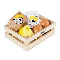 Tidlo houten eieren en melk in een kratje