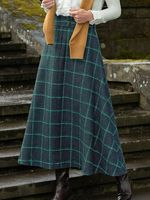 Cotton-Blend Casual Plaid Skirt