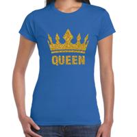 Koningsdag T-shirt voor dames - Queen - glitter goud - blauw - feestkleding