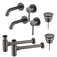 Fortifura Calvi Slim Wastafelkraanset - voor dubbele wastafel - inbouw wastafelkraan - always open plug - design sifon - Geborsteld Gunmetal PVD 2x SW766534/2x SW769487/2x SW767297