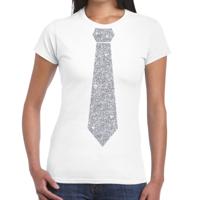 Carnaval verkleed t-shirt - met stropdas - wit - zilver glitters - dames - fun t-shirt