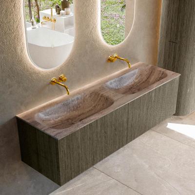 Badmeubel Mondiaz Kurve-Dlux | 150 cm | Meubelkleur Shadow | Wastafelkleur Oza | Solid surface | Wasbak beide zijden spoelbak | Zonder kraangat(en)