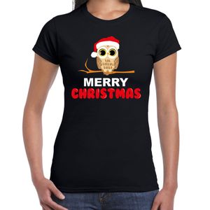 Leuk dieren Kerst T-shirt Christmas uil voor dames zwart