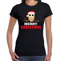 Leuk dieren Kerst T-shirt Christmas uil voor dames zwart - thumbnail