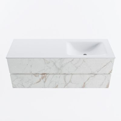 MONDIAZ VICA 130cm badmeubel onderkast Carrara 2 lades. Wastafel CLOUD rechts 1 kraangat, kleur Talc.
