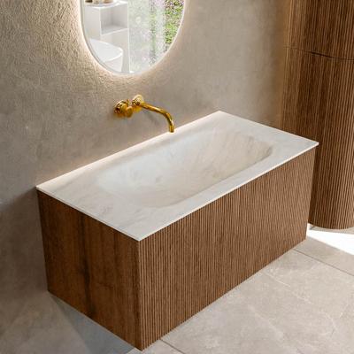 Badmeubel Mondiaz Kurve-Dlux | 90 cm | Meubelkleur Walnut | Wastafelkleur Opalo | Solid surface | Midden spoelbak | Zonder kraangat(en)