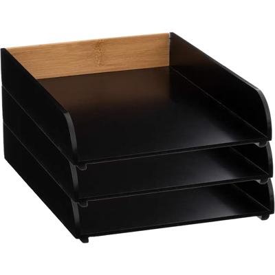 Kantoor postbakje/brievenbak - 3x - A4 formaat - stapelbaar - zwart - bamboe hout