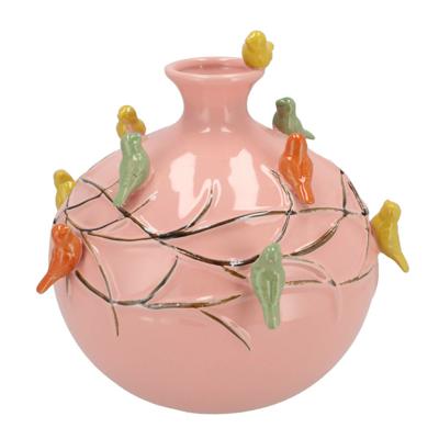 Vaas Spring birds - roze - keramiek - D23 x H23 cm - bloemenvaas