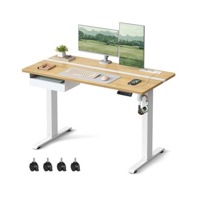 In hoogte verstelbaar elektrisch bureau met stopcontact en lade, Eiken goud-wolk wit / 60 x 120 x (72-120) cm