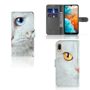 Huawei Y6 (2019) Telefoonhoesje met Pasjes Witte Kat