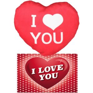 I Love You Set - Hartjes kussen met ansichtkaart - Rood - 25 cm