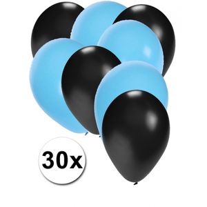 30x ballonnen zwart en lichtblauw