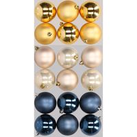 18x stuks kunststof kerstballen mix van donkerblauw, champagne en goud 8 cm   -