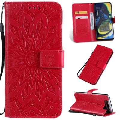 Gedrukt afdrukken zonnebloem patroon horizontale Flip PU lederen case voor Galaxy A80 met houder & kaartsleuven & portemonnee & Lanyard (rood)
