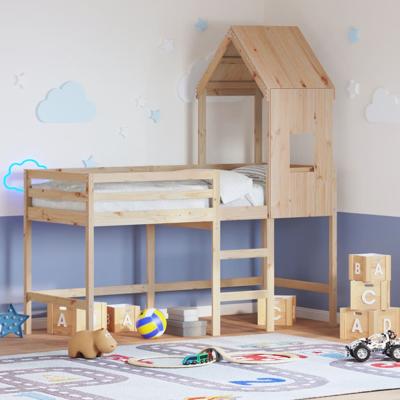 Halfhoogslaper met ladder en bedhuis grenenhout 90x200 cm