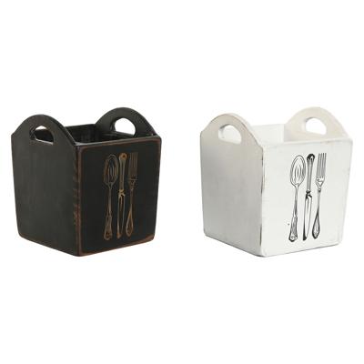 Bestekmand Home ESPRIT Wit Zwart Sparrenhout 15 x 15 x 18 cm