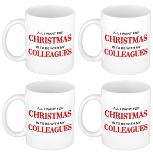 Set van 4x stuks kerstmokken All I want for Christmas is to be with my colleagues kerstcadeau 300 ml