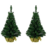 2x Volle kerstbomen groen in jute zak 45 cm - thumbnail