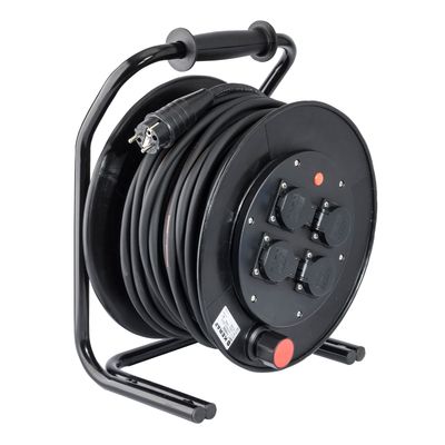 50 meter kabelhaspel 3x1,5mm² 4 contactdozen zwart 230V Keraf bouwhaspel thermisch beveiligd