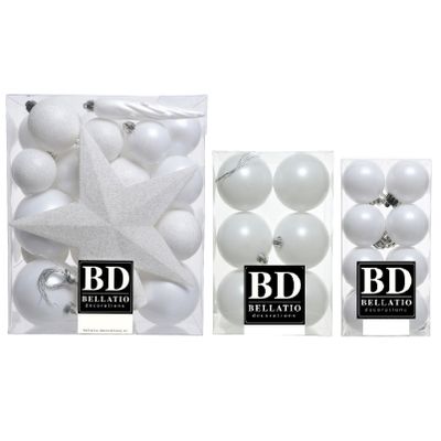 55x stuks kunststof kerstballen met ster piek wit mix