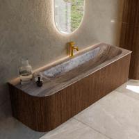 Badmeubel Mondiaz Kurve-Dlux | 145 cm | Meubelkleur Walnut | Wastafelkleur Oza | Solid surface | Wasbak rechter zijde spoelbak | 1 kraangat