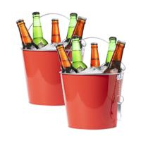 IJsemmer/bierkoeler - 2x stuks - 6L - metaal - rood - met flesopener - wijnkoeler - drankkoeler