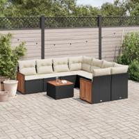 9-delige Loungeset met kussens poly rattan zwart