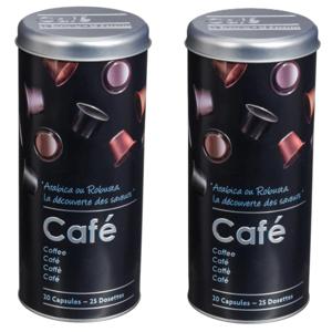 Koffiecups bewaarblik - 2x - metaal - zwart/print - 10 x 26 cm - voor 25 capsules