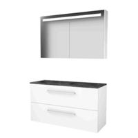Basic-Line Premium 46 Badkamermeubelset - 120 x 46 cm - Met Grepen - 2 Lades - Hardstenen Wastafel - 2 Kraangaten - Spiegelkast met LED Verlichting - Ice White