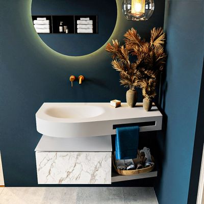 MONDIAZ RIVA 100cm badmeubel onderkast / planchet kleur carrara met 1 lade. Wastafel DULCET links 0 kraangaten kleur Talc. MONDIAZ RIVA 100cm badmeubel onderkast / planchet kleur carrara met 1 lade. Wastafel DULCET links 0 kraangaten kleur Talc.