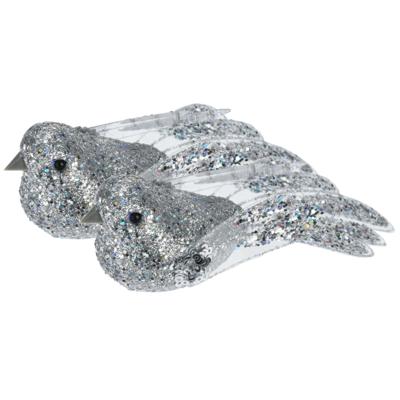 Kerstboomversiering Vogel - 2x stuks - 10 cm - Zilver glitter - op clip - ornament