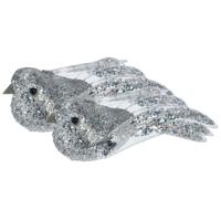 Kerstboomversiering Vogel - 2x stuks - 10 cm - Zilver glitter - op clip - ornament