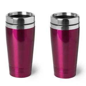 2x stuks rVS Warmhoudbeker/warm houd beker metallic fuchsia roze 450 ml