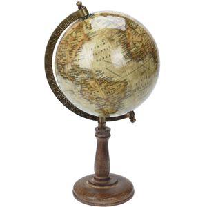 Decoratie wereldbol/globe beige op mangohouten voet 16 x 32 cm   -