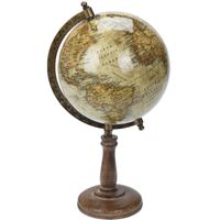 Decoratie wereldbol/globe beige op mangohouten voet 16 x 32 cm