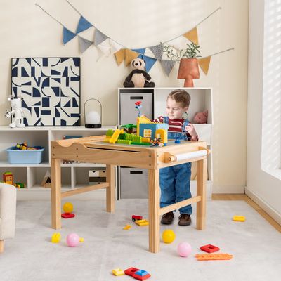 2-In-1 Kindertafel met Omkeerbaar Tafelblad Speeltafel van Grenenhout met Zijstang en Papierrol Activiteitstafel voor Kinderen 3+ (Natuur)