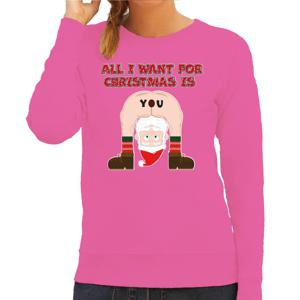 Foute Kersttrui/sweater voor dames - all I want is - roze - blote kont - kerstman