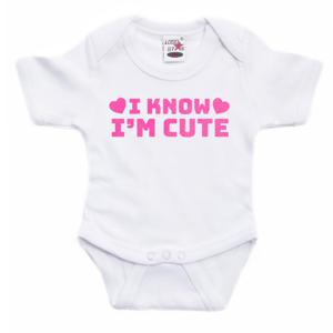 Bellatio Decorations Baby rompertje - i know i'm cute - roze - glitter - kraam cadeau 92 (18-24 maanden)  -