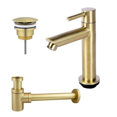 Fortifura Calvi Fonteinkraanset - staande fonteinkraan - laag - always open plug - design sifon - Geborsteld Messing PVD (Goud) SW696238 / SW696208 / SW696218