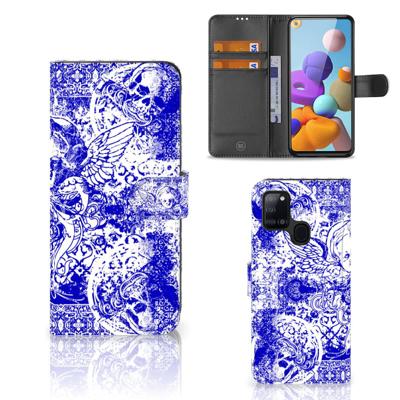 Telefoonhoesje met Naam Samsung Galaxy A21s Angel Skull Blauw