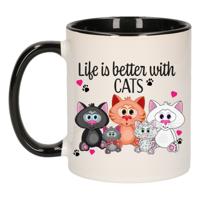 Cadeau koffie/thee mok - life is better with cats - zwart oor - katten