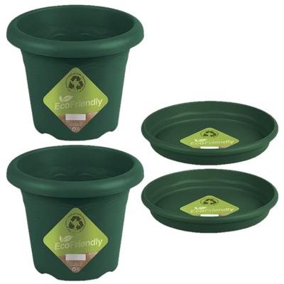 Hega Hogar Plantenpotten - 2x - groen - rond - met opvangschaal - kunststof - diameter 30 cm
