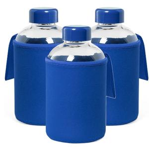 Glazen waterfles/drinkfles softshell bescherm hoes - 3x - blauw - 600 ml - Sportfles - Bidon