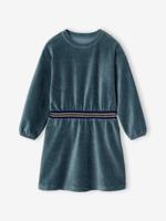 Fluwelen meisjesjurk met iriserende strepen en riem groenblauw Fluwelen meisjesjurk met iriserende strepen en riem groenblauw