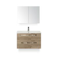 Seville Badmeubelset 80 cm - Natuur Eiken - Keramische Wastafel Wit Enjoy - met Spiegelkast