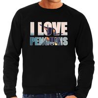 Tekst sweater I love penguins met dieren foto van een pinguin zwart voor heren - thumbnail