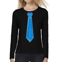 Verkleed shirt voor dames - stropdas blauw - zwart - carnaval - foute party - longsleeve - thumbnail