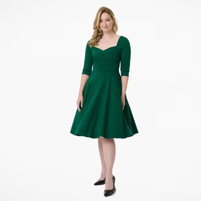 Unique Vintage Pleated Bust Swing Dress Emerald Green-M